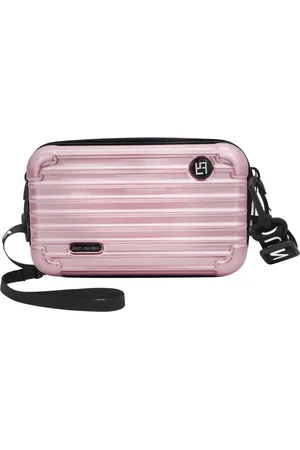 Merkloos PVC-koffer gevormde kleine crossbody tas voor vrouwen - draagbare schoudertas met schouder- en polsriem - roze - op reis.