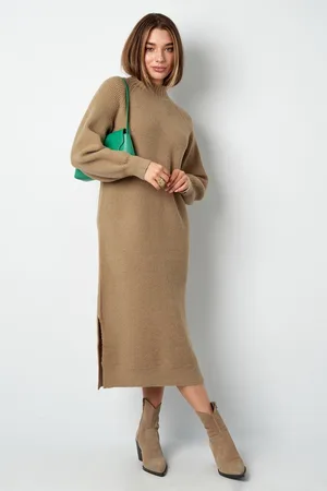 Merkloos Gebreide lange dames jurk - /beige maat L/XL