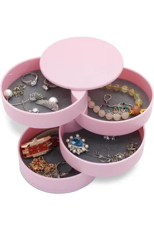 Merkloos Kunststof sieradendoos met 4-laags cilindrisch ontwerp 360° draaibaar - Opbergdoos voor sieraden met fluwelen voering en antislip bodem - Roze