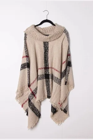 Merkloos Dames poncho Erika fantasiemotief met colkraag zwart rood