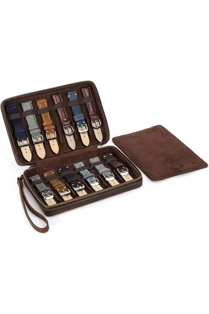 Merkloos Band Organizer Tas - Echt Lederen Horlogebanden Travel Case - 12 Horloge Bandjes Opbergtas - Geschikt voor de meeste maten - Zwart