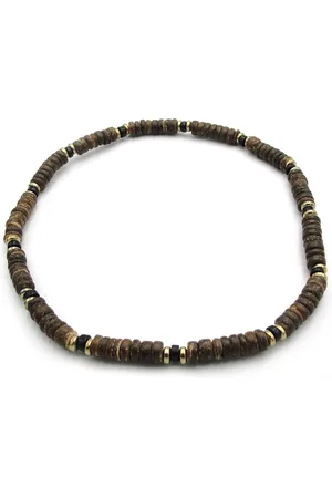 No Evil Herenketting kralenketting met 8mm donkerbruine kokoskralen en goudkleurige hematiet schijfjes 48cm