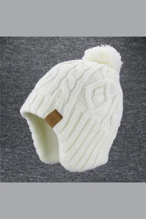 Merkloos Unisex gebreide kindermuts - warme wintermuts met pompon - modieuze gebreide muts - oorbescherming warme muts - peutermuts - geschikt voor kinderen vanaf 8 jaar