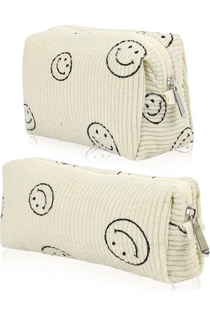 HIMS 2 stuks toilettas voor op reis, multifunctionele make-uptas, wastas, corduroy, glimlachprint, make-up-organizer, waszak voor reizen, kinderen, meisjes en dames, wit, mode