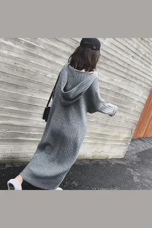 Merkloos Dames Winter Lange Jurk met Hoodie – Effen Kleur Gebreide Lange Mouw Jurk, Casual Mode Streetwear, Warme Vrouwen Jurk, Dikke Gebreide Jurk voor Herfst en Winter