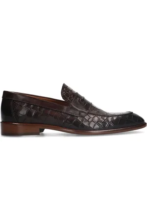 Manfield Heren - Bruine leren loafers met crocoprint