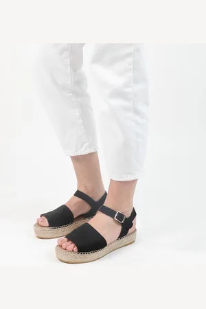 Manfield Dames - Zwarte suède sandalen met plateauzool