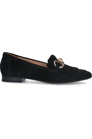 Manfield Dames - Zwarte su??de loafers met franjes