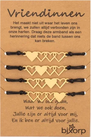 Bixorp Friends Vriendschapsarmbandjes voor 4 met Goudkleurige Hartjes - BFF Armband Meisjes - Best Friends Armband Vriendschap Cadeau voor Vier