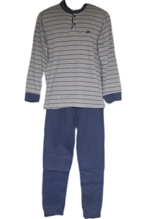 Merkloos Uniseks - Thermo Pyjama set - Dames & Heren - Merk Sorrisino - Longsleeve & Broek - Horizontale Strepen - Kleur Grijs/Marineblauw