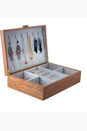 Merkloos Sieradendoos organizer - Kersenhout - Houder voor vrouwen - 2 lagen - Grote opbergkoffer - Rustiek hout - Ring horloge lade - Vintage stijl