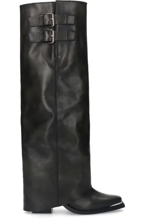 Sacha Dames - Zwarte hoge leren buckle laarzen met flap