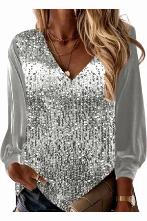 Merkloos Zilveren Sequin Patchwork Blouse - Dames V-hals Lange Mouwen - Casual Shirt