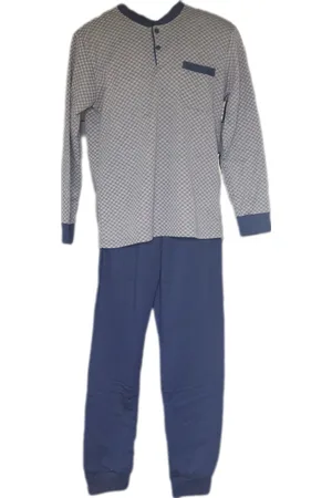 Merkloos Uniseks - Thermo Pyjama set - Merk Notte Stella - Longsleeve & Broek - Geblokt-Motief - Kleur Grijs/Marineblauw