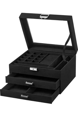 Merkloos Sieradendoos met 3 niveaus fluweel glazen deksel halskettingen armbanden ringen slot sleutel zwart magnetisch JBC158B01