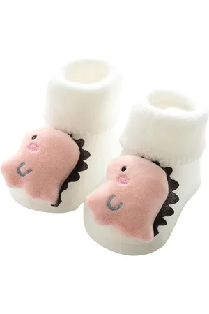 Merkloos Babyslofjes roze draakje - kraamcadeau - pasgeboren baby - anti-slip - gevoerd - 0-6 maanden