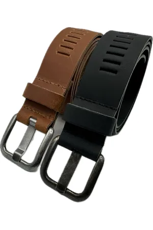 ARIES Heren Riem - Leren Riem - Lederen Riem - Past Altijd - Mat 115 cm - 4 cm breed - Totale lengte 130 cm - en Cognac - 2 Pack