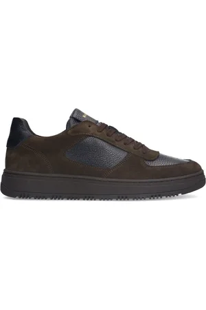 Manfield Heren - Donkerbruine leren sneakers met suède details