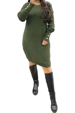 Merkloos Dames Jurk grof gebreid leger groen