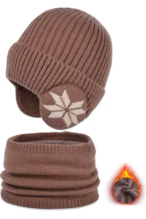 Merkloos Wintermuts en sjaalset voor kinderen | Warme gebreide wollen muts en sjaal voor kinderen | Elastische verdikte outdoor sportmuts en sjaalset met sneeuwvlokprint | Geschikt voor fietsen, kamperen, skiën | 4-10 jaar oud