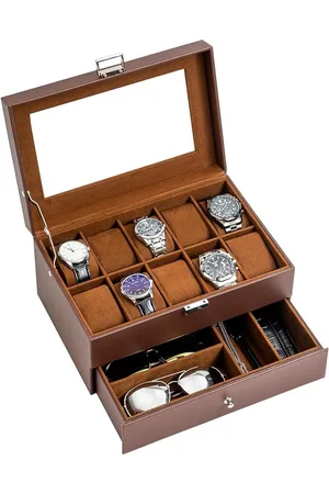 Merkloos Horlogedoos met 2 lagen met glazen deksel - 10 vakken en 1 lade voor horloges - ringen - armbanden - bruin