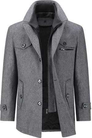 Merkloos Winterjas voor heren, middellang, dikke wollen trenchcoat, gewatteerde voering, normale pasvorm, militaire jekker