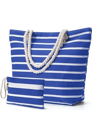 Merkloos Handtassen - Strandtassen - Ruime strandtassen - Grote canvas tassen - Strandtassen - Transporttas - Ritssluiting - Water- en zandbestendig - Donkerblauw met witte strepen - Koningsblauw