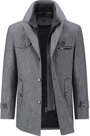 Merkloos Winterjas voor heren, middellang, dikke wollen trenchcoat, gewatteerde voering, normale pasvorm, militaire jekker