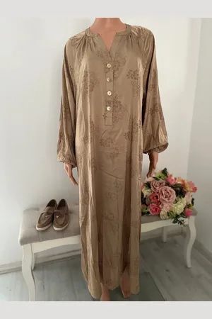 Merkloos Jurk- dames jurk-camel- maat S/M-luchtige jurk- feestdagen jurk dames- gouden jurk- midi dress- midi jurk dames- - kerstjurk- feestjurk- dames jurk