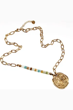 esde2 Kompas ketting Dames - Stalen Goudkleur - Ovale Schakelsketting met Hanger