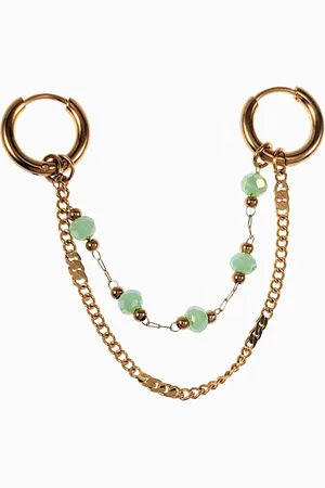 Dottilove Oorbellen Dames - RVS Gold Plated - Ø12mm Oorringen met Twee Kettingen - Mintgroene Kristallen