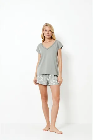 Aruelle Dames Pyjama Fabiana-Korte Mouwen Top & Korte Broek-Katoen-Modal Mix-V-Hals met Kant-Strikbare Taille-