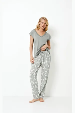 Aruelle Dames Pyjama Fabiana-Korte Mouwen Top & Lange Broek-Katoen-Modal Mix-V-Hals met Kant-Strikbare Taille-