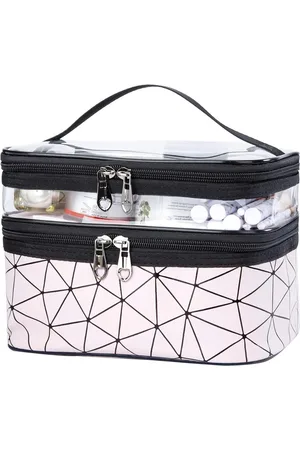 Merkloos Dubbellaagse transparante cosmetische toilettas - Grote make-up organizer voor mannen en vrouwen - Roze trendy design