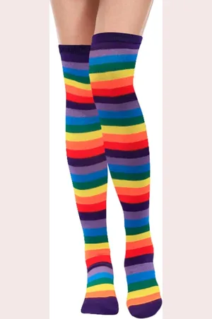 Merkloos 1 paar over de knie sokken - kousen - dames over de knie sokken - regenboog gestreepte sokken - kousen - over de knie lange horizontaal gestreepte sokken - katoenen hoge sokken - geschikt voor feestbijeenkomsten - paarse mond