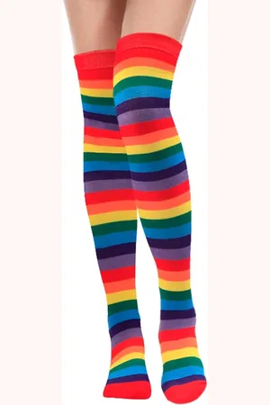 Merkloos 1 paar over-de-knie-sokken - kousen - dames over-de-knie-sokken - regenboog gestreepte sokken - kousen - over-de-knie horizontaal gestreepte sokken - katoenen hoge sokken - geschikt voor feestjes - rode lip