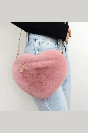 Merkloos Hartvormige Pluizige Schoudertas - Mode Crossbody Tas met Ritssluiting - Lieve Pluche Handtas en Portemonnee voor Valentijnsdag, Dames Tas, Schattige Valentijns Cadeau