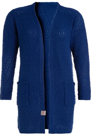 Knit Factory Luna Gebreid Vest - Gebreide dames cardigan - Middellang vest reikend tot boven de knie - Blauw damesvest gemaakt uit 30% wol en 70% acryl - 40/42 - Met steekzakken