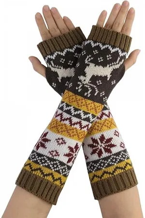 Merkloos 1 paar winterwarme gebreide handschoenen voor dames - lange handschoenen met halve vingers - armhoezen - thermische handschoenen - winterarmwarmers - gebreide vingerloze lange handschoenen - kersthandschoenen - kaki