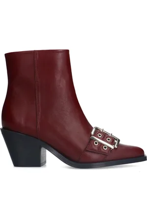 Sacha Dames - Bordeaux leren buckle enkellaarsjes met hak