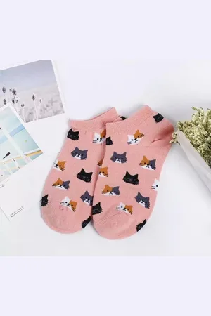 Merkloos Enkelsokken met kattenkopjes kleur roze Unisex Sokken - kat- kattensokken maat 36-41