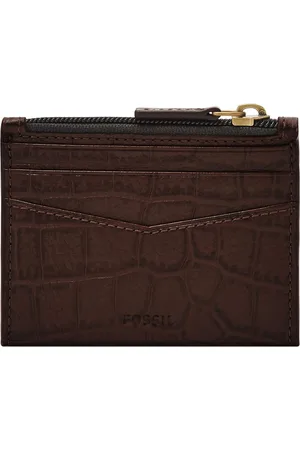 Fossil Leren Portemonnee Dollarclip Andrew Emboss Zip Card Case Donkerbruin