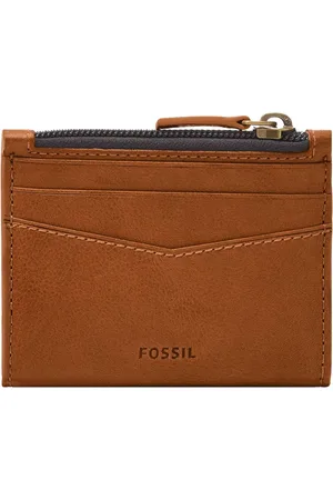 Fossil Leren Portemonnee Andrew Magnetic Zip Card Case Lichtbruin