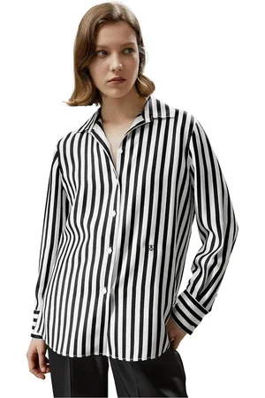 Merkloos Dames Zijden Shirt - 100% Shirt - Vrouwelijke Blouse met Blauwe en Witte Pinstripes - Voorzien van V-hals en Lange Mouwen - Geschikt voor Werk en Casual Dragen in Alle Seizoenen - Luxueuze en Stijlvolle Zijden Blouse voor Vrouwen