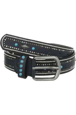 Merkloos Dames Leder Riem westernlook aqua steentjes met stras en studs