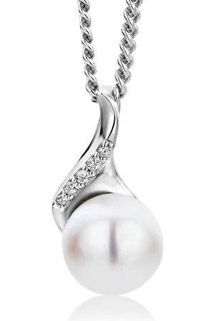 Miore Zilveren Ketting met Parel, Zirkonen - 45cm- Elegante Druppel