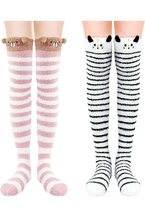 Merkloos 2 paar koraalfluwelen kniekousen - Dames kniehoge pluche sokken - Zacht en warm - Dijhoge gestreepte kousen - Comfortabele pantoffelsokken - Winterkousen - lange gestreepte dijkousen voor de winter (kat + beer)