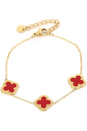 MICHELLE Minimalistische armband met rode klavertjes - Yehwang - Armband - 16 + 3 cm - Stainless Steel (verkleurt niet!) - Gouden armband - Dames armband - Nikkel vrij - Kerst sieraden - Kerst - Sinterklaas cadeau - Moederdag - Valentijn