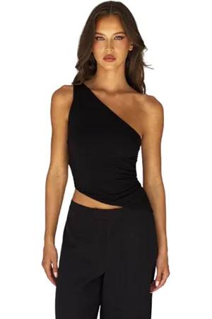 Merkloos One Shoulder Crop Top met Open Rug - Sexy Zwarte Top met Strikdetails