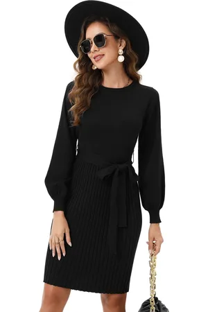 Merkloos Gebreide jurk dames truijurk met lange mouwen casual winterjurk elegante tuniek truijurk met riem Kerst jurk M